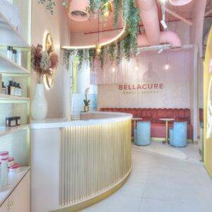 Brand Creative’s Bellacure Beauty Lounge project has a 70s California vibe mixed with Portofino chic