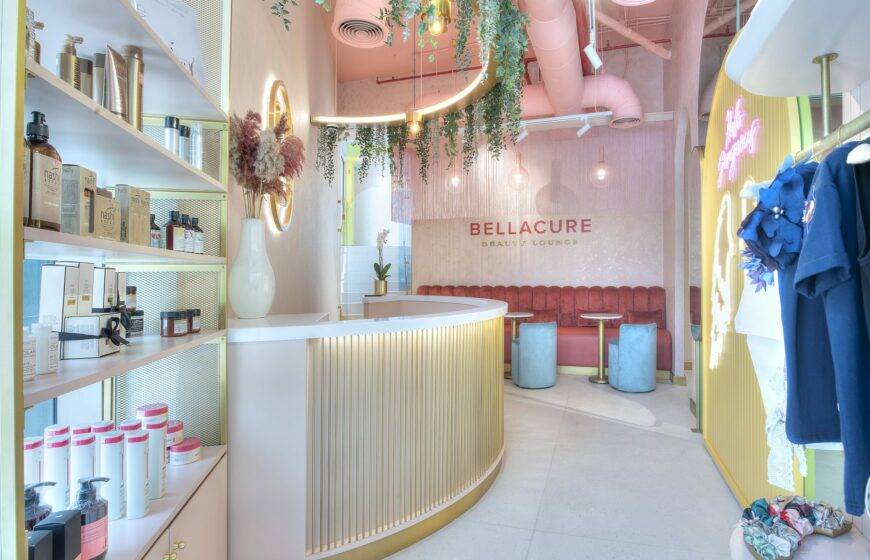 Brand Creative’s Bellacure Beauty Lounge project has a 70s California vibe mixed with Portofino chic
