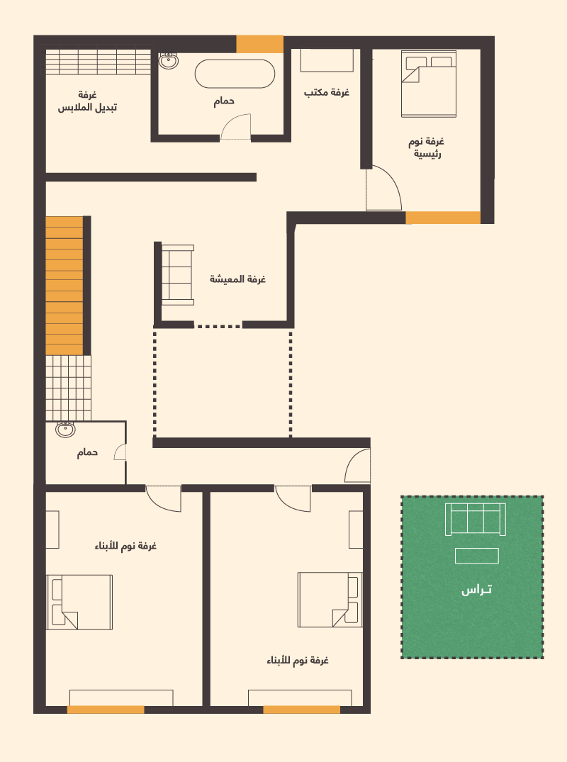 مخطط لدور أول علوي لفيلا على شكل حرف U