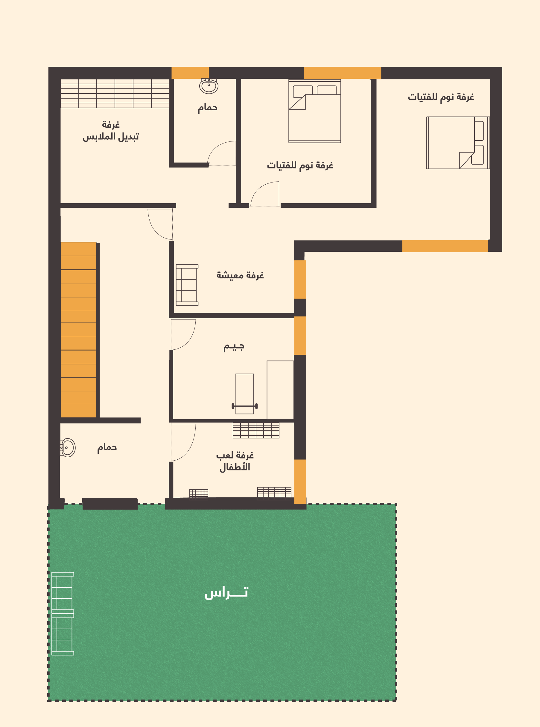 مخطط لدور ثاني علوي لفيلا على شكل حرف U